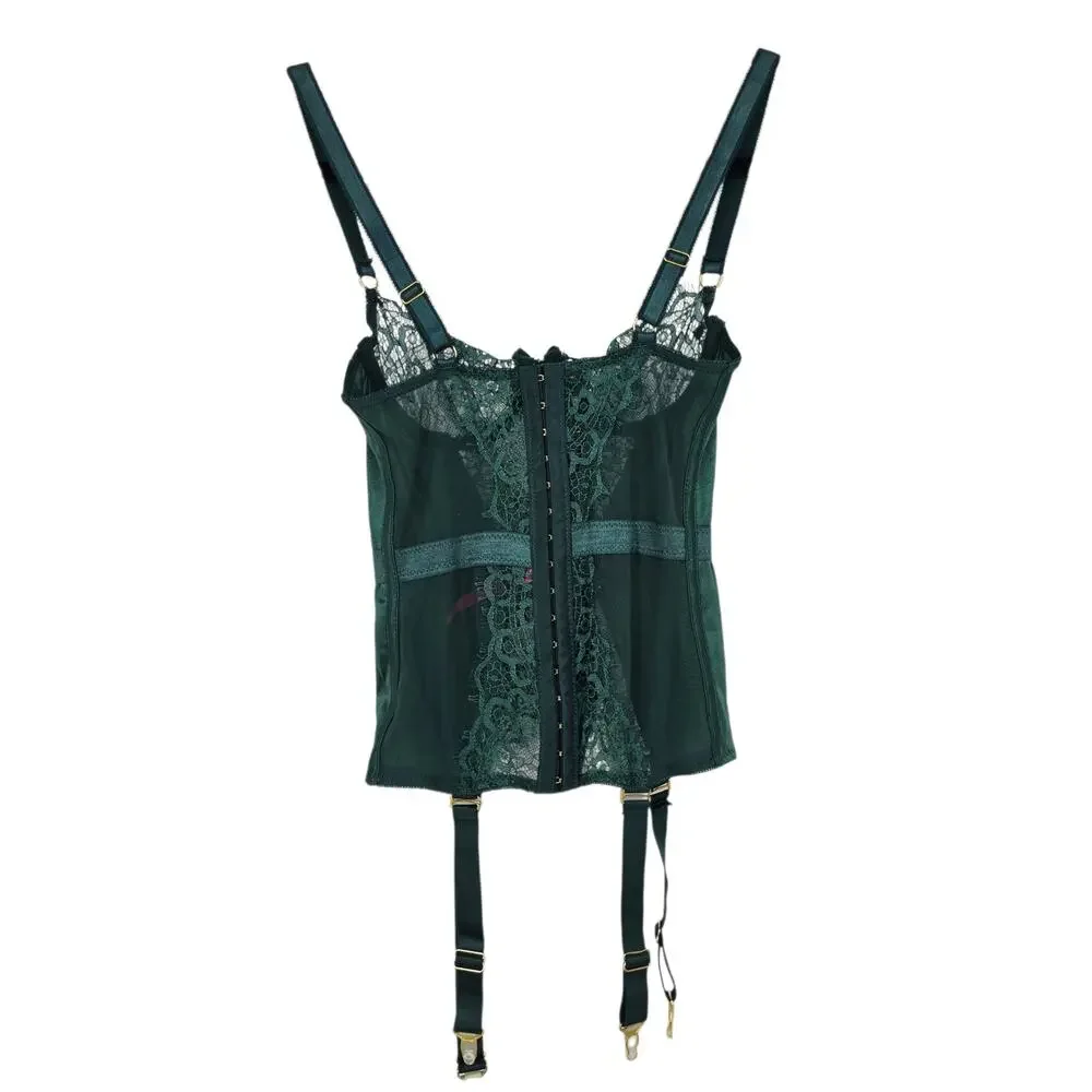 NWOT Seven ‘Til Midnight Green Satin & Lace Bustier with Garter Straps Size S